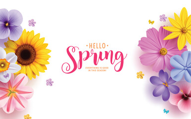 Wall Mural - spring hello greeting text clipart design. hello spring greeting card with sunflower, daisy, crocus,