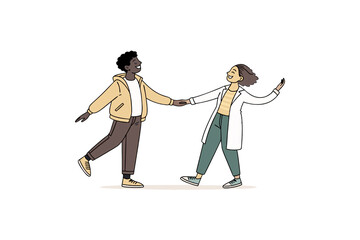 A playful cartoon pair dances energetically, holding hands. Their vibrant clothes and expressive poses emphasize fun, connection, and spontaneous happiness, isolated on a transparent background