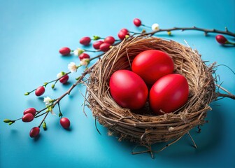 Wall Mural - Red Easter Eggs Nest Blue Background Minimalist Spring Holiday Decoration