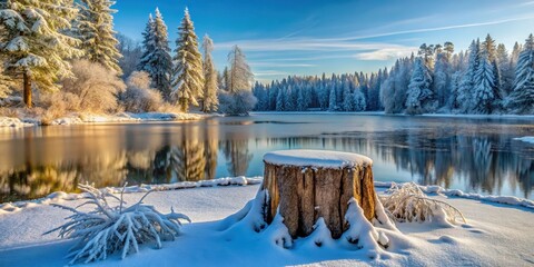 Wall Mural - Frosty tree stump with snow-covered branches and a frozen lake in the background, surrounded by evergreen trees, frozen landscape , snow covered branches