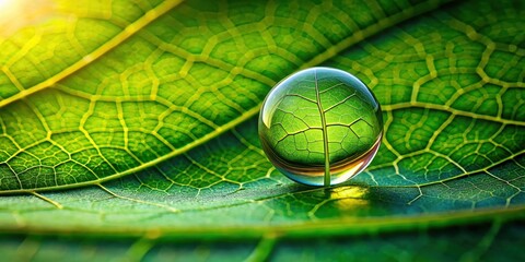Wall Mural - A single water drop suspended on a large leaf's edge, reflecting the vibrant hues of the surrounding environment, with delicate veins visible beneath , botanical, green background