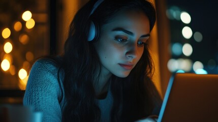 Wall Mural - A Woman Listening to Headphones at Night