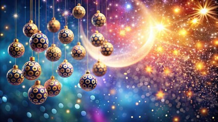 Wall Mural - A cluster of sparkling lotto balls suspended in mid-air against a vibrant, shimmering background adorned with tiny stars and a crescent moon , glittering, balls