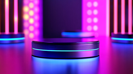 Wall Mural - Minimalist hologram podium with flying disks on gradient iridescent background. Round pedestal with geometric elements. Realistic display setting for modern product showcase or tech presentations.