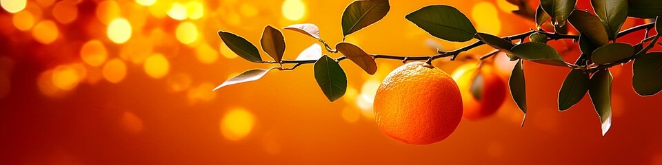 Wall Mural - Orange fruit hanging on citrus tree branch with beautiful bokeh background