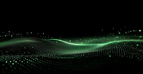 Poster - Abstract green wave particle flow on black background.
