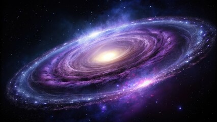 A distant galaxy with an unusual spiral shape and vibrant purple hue, surrounded by a halo of gas and dust, set against the inky blackness of space , starry night, galaxy