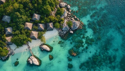 Wall Mural - Aerial view of tropical island bungalows on secluded beach.