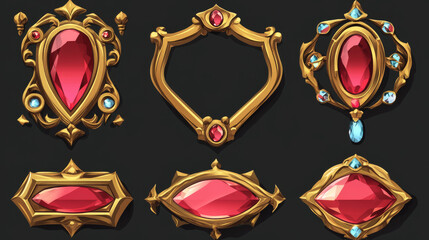 Wall Mural - golden vintage game frames, ui medieval square borders of gold metal with gems and red buttons. cart