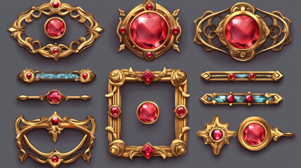 Golden vintage game frames, ui medieval square borders of gold metal with gems and red buttons. Cartoon empty metallic bordering with gemstone, isolated design gui elements, Vector illustration set