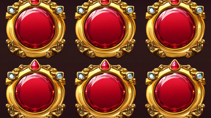 Golden vintage game frames, ui medieval round borders of gold metal with gems and red buttons. Cartoon empty metallic bordering with gemstone, isolated design gui elements, Vector illustration set