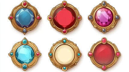 Golden vintage game frames, ui medieval round borders of gold metal with gems and red buttons. Cartoon empty metallic bordering with gemstone, isolated design gui elements, Vector illustration set