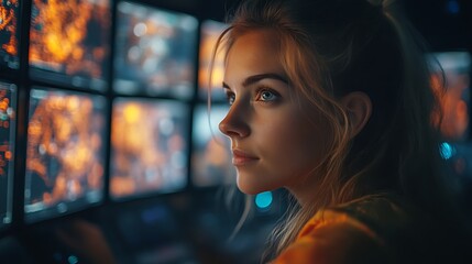 Woman programmer looking at multiple screens.