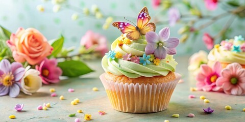 Wall Mural - Delicate pastel flowers and butterflies adorn a spring-themed cupcake with colorful frosting and a sprinkle of edible glitter in a modern floral arrangement, decorations , pastel colors