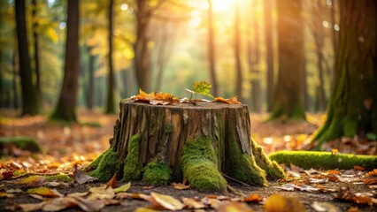 Wall Mural - Ancient tree stump worn by time and nature, with embossed leaves in soft focus background, conveying a sense of serenity and nostalgia , earthy tones , forest atmosphere