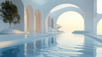 Wall Mural - White arch pool, sunrise ocean view, calm