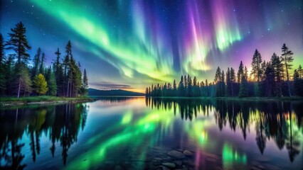 Aurora Borealis Over Serene Forest, glacial lake backdrop