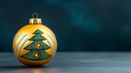 Wall Mural - A photostock of a festive golden ornament encapsulating a miniature glowing Christmas tree, set against a dark holiday background. High Quality