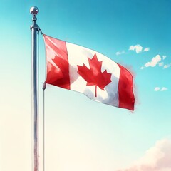 Wall Mural - Watercolor illustration of canadian flag waving against blue sky.