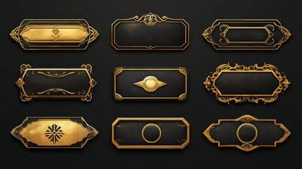 Wall Mural - game ui long button with thin gold frame. rectangular medieval border with golden metal ornament for