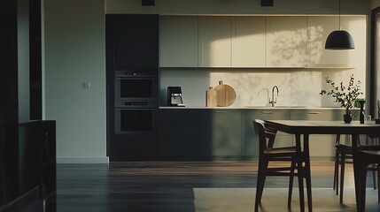 Wall Mural - A kitchen with a table and chairs, and a vase on the table