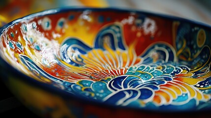 Wall Mural - Close-up of a vibrant, hand-painted ceramic bowl with intricate floral designs in warm and cool tones.