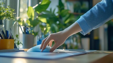 Wall Mural - Hand reaching for a light blue computer mouse on a wooden desk near a window with plants.