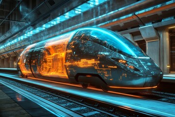 Aufkleber - Sleek high-speed train designed with advanced materials and illuminated with bright lights, awaiting departure from a modern, high-tech station platform.