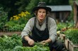 © ChaoticMind - A male gardener dressed in rustic attire kneels amidst thriving green plants and vegetables, capturing the essence of organic gardening and dedication to growth.