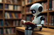 © Natalia - robot ai sits in the library and reads a book. Concept of text generation, AI training and information systematization
