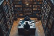 © ChaoticMind - An ornate and classic library setting with two individuals in deep conversation at a wooden desk, surrounded by tall bookshelves packed with vintage books.