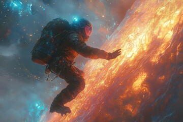 a futuristic climber on a vibrant glowing surface, melding sci-fi elements with human determination 