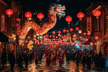 Chinese new year celebration with dragon dance chinatown night festival crowded streets colorful lanterns cultural heritage