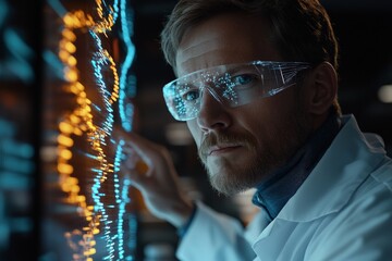 Leinwandbilder - A scientist equipped with futuristic glasses analyzes digital data, representing modern scientific inquiry and technological advancement in current research environments.
