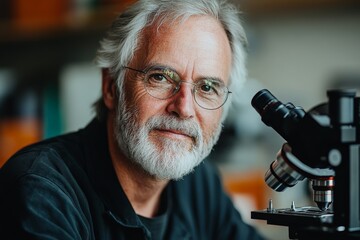 Aufkleber - An elderly scientist with a bearded face and glasses peers through a microscope in a modern laboratory setting, showcasing dedication to scientific exploration.