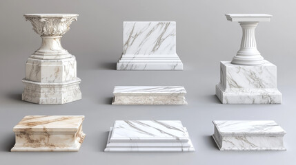 Wall Mural - Marble pedestals or podium, abstract geometric empty museum stages, stone exhibit displays for award ceremony or product presentation. Gallery platform, blank product stands, Realistic 3d vector set