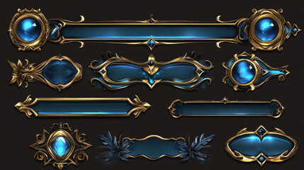Wall Mural - game ui frames, gold medieval menu elements, buttons or banners with golden ornate rims and blue gla