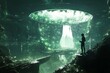 © ChaoticMind - A silhouette stands in a vast green digital landscape, suggesting exploration and wonder in an otherworldly futuristic setting filled with glowing elements and intrigue.