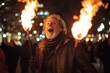 © ChaoticMind - An elderly man with lively and expressive features enthusiastically grips two fiery torches in a festive atmosphere, expressing joy and warmth in the night.