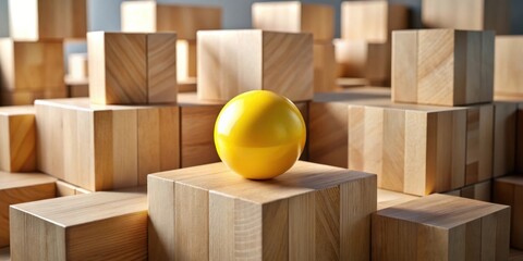 Aufkleber - Yellow Sphere on Wooden Block Structure Abstract Concept of Uniqueness and Standing Out