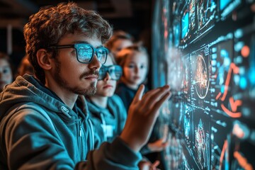 Poster - A man in glasses explores an interactive data screen, conveying themes of futuristic technology, curiosity, and digital interaction for modern learning.