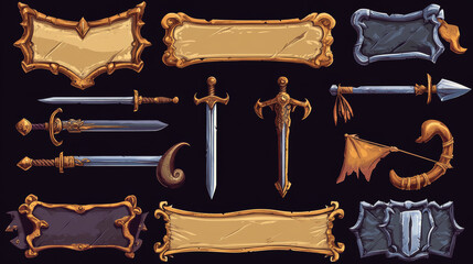 Wall Mural - fantasy frames with medieval weapon for rpg game ui design. vector cartoon set of empty banners with