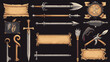 © Sahraya - Fantasy frames with medieval weapon for rpg game ui design. Vector cartoon set of empty banners with old gold and silver borders, sword, arrows, horns and flags isolated on black background