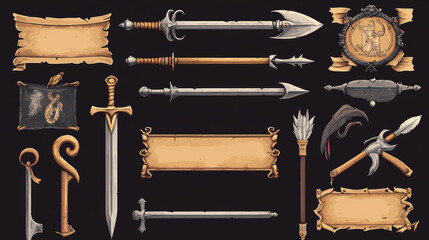 Wall Mural - fantasy frames with medieval weapon for rpg game ui design. vector cartoon set of empty banners with