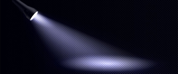 Wall Mural - flashlight beam effect with bright white luminous ray spreading diagonally through darkness on trans