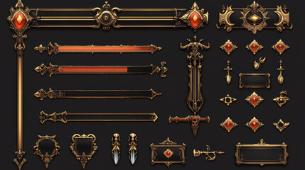 Wall Mural - game ui elements with gold frames in medieval style. buttons, banners different shapes, progress bar