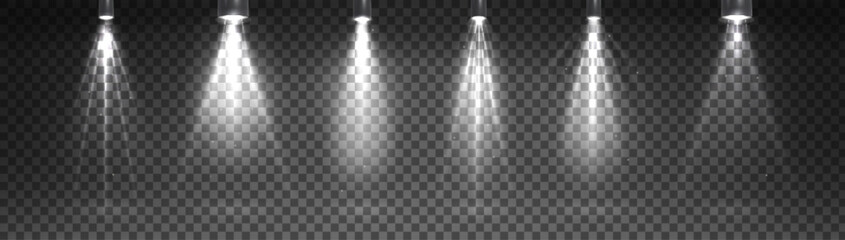 Wall Mural - spotlight beams set isolated on transparent background. vector realistic illustration of stage light