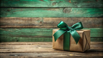 Poster - A thoughtfully wrapped gift with a green ribbon sits on rustic wood