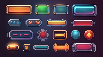 Wall Mural - game buttons and frames with metal border. design elements and assets for user interface. vector car
