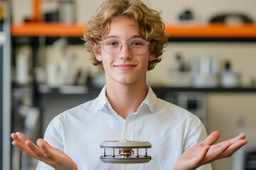 Leinwandbilder - A young inventor wearing glasses confidently holds a futuristic gadget in a lab, showcasing creativity and innovation in a modern technological setting.